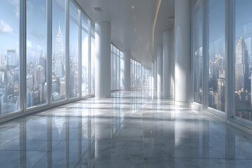 Fototapeta premium Modern empty office hallway interior with cityscape background seen through large glass windows, showcasing natural light and clean design concept. 3D Rendering