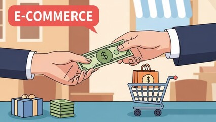 E-Commerce Transaction - Hands Exchanging Money for Goods Online.