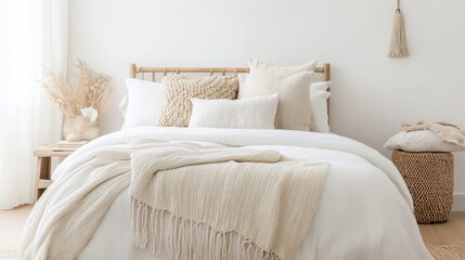 Boho Bedroom with Textured Throw and Rattan Headboard, home decor , bedroom