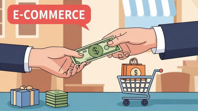 E-Commerce Transaction - Hands Exchanging Money for Goods Online.