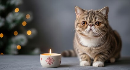 Exotic shorthair cat sitting beside a candle during the holidays  