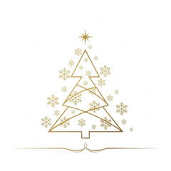 Minimalist golden vector Christmas tree, shining star, and delicate snowflakes on a transparent background with copy space and a curved golden line, serene elegant holiday concept