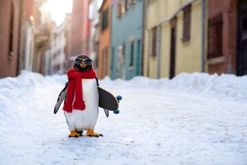 Cool Penguin Skater in Snowy Street