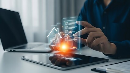 Business professional interacting with futuristic holographic financial data on a desk