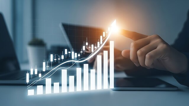 Business growth and financial success illustrated by a rising stock market graph