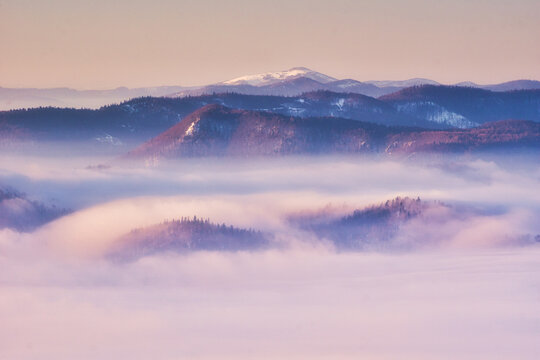 Aerial view of ethereal fog blankets the rolling, forested hills, kissed by the soft glow of dawn near Slubica mountain, Spisska nova Ves, Kosicky kraj, Slovakia.