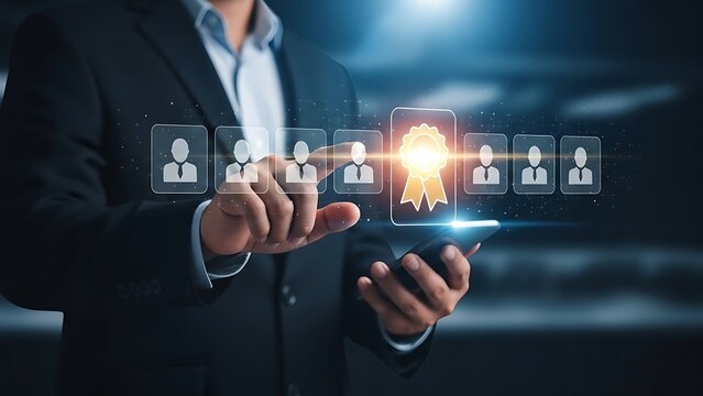 Businessman using smartphone for digital identity verification and employee selection - Powered by Adobe