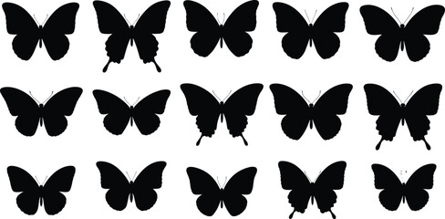 Butterfly silhouette set, vector illustration collection of flying insects, black shapes on white background, nature design elements, beautiful wing patterns, tattoo art symbols.