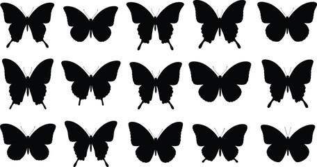 Fototapeta premium Butterfly silhouette collection, vector illustration set of flying insects, black shapes isolated on white background, nature design elements, summer moth symbols, tattoo art.