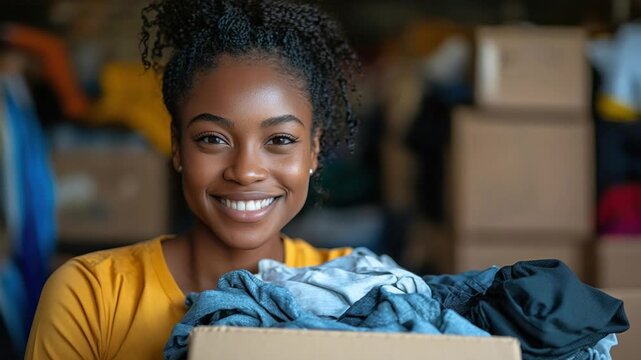 african american female volunteer with clothing donation box video