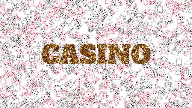 Large GoldenText CASINO and many playcards flying on white background