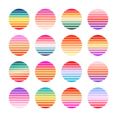 Vintage colorful sunset. Striped gradient sunrise badges in 80s and 90s style. Sun and ocean view, summer vibes, surfing. Design element for print, logo or t-shirt. Vector illustration