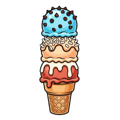 Vibrant flat cartoon illustration of three distinct scoops of ice cream (blue with chocolate chips, peach with white sprinkles, reddish-brown with white sauce) on a golden waffle cone, isolated on a