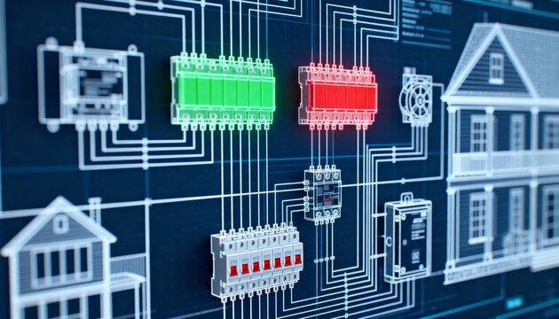 Medium shot capturing a digital twin simulation of a homes electrical circuits emphasizing proactive inspection and energy optimization features