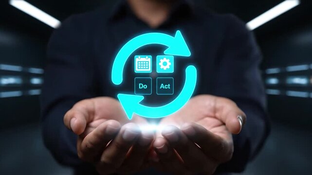 Visualizing a continuous improvement cycle (PDCA) with a holographic icon.