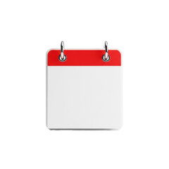 A minimalist, clean 3D rendered desk calendar icon with a blank white page, bright red top, and silver metal binder rings, isolated on a transparent background with ample copy space, symbolizing