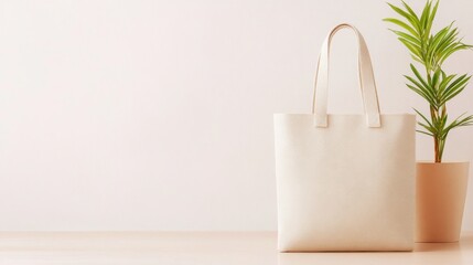Minimalist Beige Tote Bag with Plant on Desk, Lifestyle, Fashion