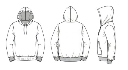 Classic hooded sweatshirt technical flat sketch with drawstring hood, ribbed cuffs, hem, kangaroo pocket, shown in front, back, profile views on transparent background, concept of apparel design