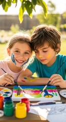 Fototapeta premium Girl and boy painting on canvas outdoors. Best children friends enjoy art activity together. Happy childhood, creativity, summer camp concept.