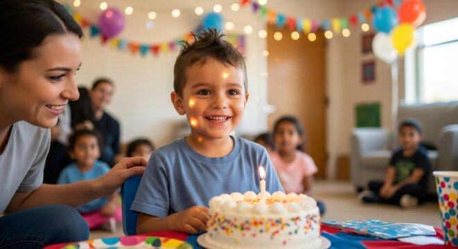 Woman happy with young boy celebrating birthday, looking excited at cake with candle. Childhood celebration at home. - Powered by Adobe
