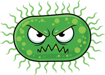 Angry green cartoon bacterium with wavy tendrils and spots germ microbe