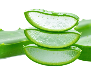 Close-up of sliced aloe vera leaves, stacked with a transparent, gel-like interior