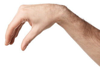 Man holding something on white background, closeup