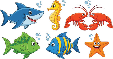 Cartoon ocean animals including shark seahorse lobsters fish and starfish