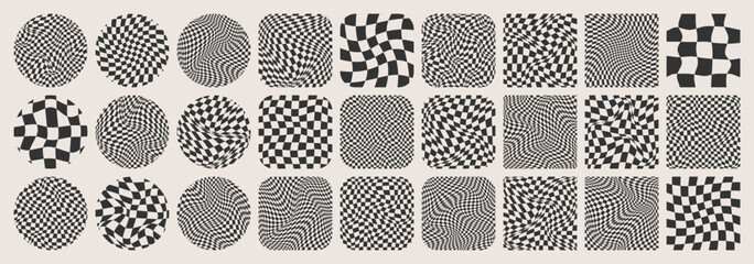 Groovy checkered pattern, colorful tiled grid. Vintage wavy curved backdrop, distortion effect. Funky geometric chessboard texture, retro background in 90s style, y2k. Vector illustration