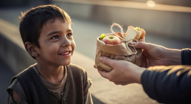Child receiving a meal from a person. Concept of charity, alms, and caring for poor children. Kid in need getting food.