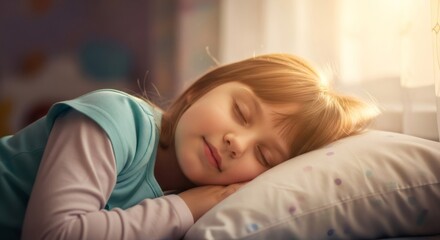 Little caucasian girl sleeping soundly on a white pillow in bright morning light. Childhood and peaceful dreams concept for health and well being.