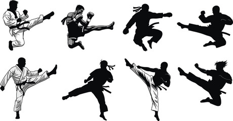 Eight Martial Artists Performing Kicks In Black And White Silhouettes And Line Art
