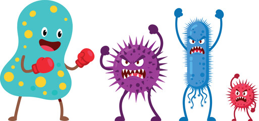 Four cartoon microbes with angry and happy expressions in a line bacteria virus