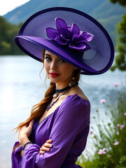 La Mujer del Sombrero Púrpura Decorado con Flores frente al Lago al Atardecer