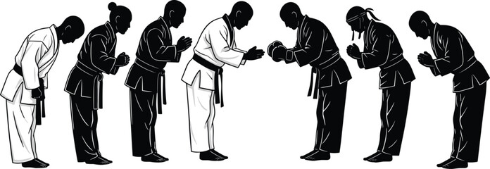 Group of martial artists bowing in unison on white background martial arts karate © Riyaj Vector Valley
