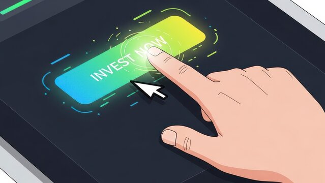 Hand pressing the invest button on a digital screen, representing financial decisions and investment opportunities.