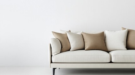 Fototapeta premium Neutral Beige Sofa and Pillow Arrangement, Modern Living , Interior Design