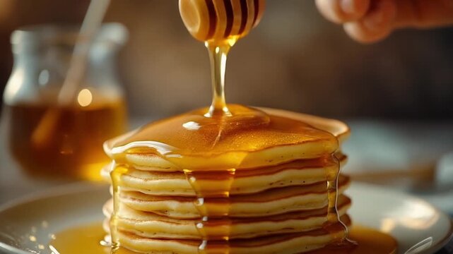 Golden honey cascades over a delicious stack of fluffy breakfast pancakes