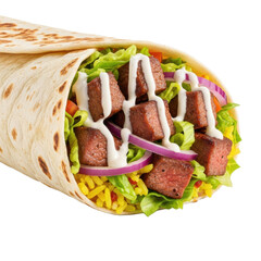 A gourmet beef burrito with succulent grilled steak, crisp lettuce, red onion, seasoned rice, creamy white sauce, wrapped in a warm tortilla, isolated on a transparent background with a subtle