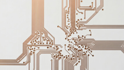 Close up of intricate copper circuit board pattern on white surface