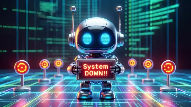 Cute robot holding a "system down!!" sign amidst digital data and warning lights
