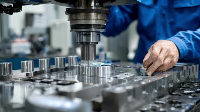Technician performing precise lubrication on an industrial die to reduce friction and enhance equipment lifespan in a clean workshop setting.