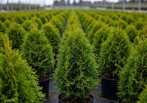 Vibrant green thuja Smaragd conifers growing in pots at a large commercial nursery during the busy spring planting season, seedling, pot, bright