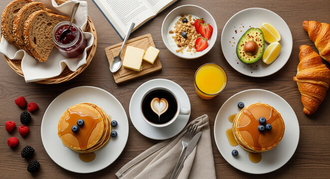 Delicious and Diverse Breakfast Spread with Pancakes, Coffee, Croissants, and Fresh Fruits - Powered by Adobe