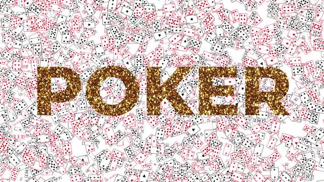 Large GoldenText POKER and many playcards flying on white background