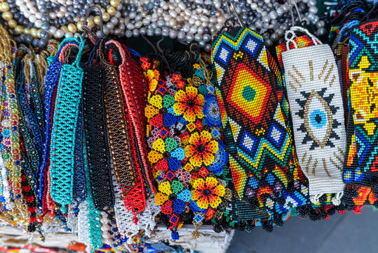 Accessories made with multicolored chaquira. Mexican handicrafts made with colorful stones.