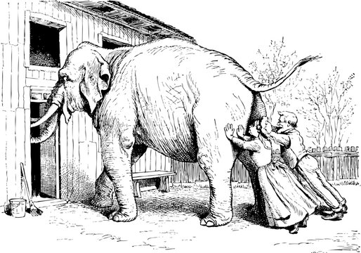 An elderly senior couple, trying to push an elephant into a barn doorway. A black and white line art illustration.