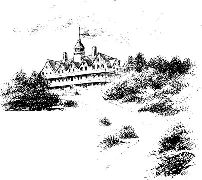 Large building, chalet or home, high on a hill. Monochrome Vintage line drawing from the1890s,