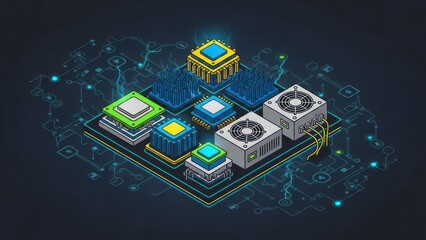 Isometric illustration of computer hardware components and data processing.