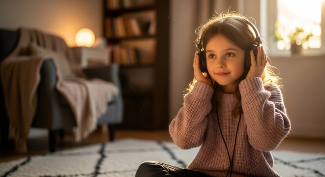 Young girl with headphones feeling comfortable and calm in a quiet room, focused on sound, concept of sensory processing and autism awareness.